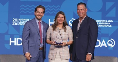 Americares Senior Vice President of Medicine Security Kellen Thomas and HDA President and CEO Chester “Chip” Davis, Jr. present the Power of Partnership Award to Boehringer Ingelheim Director of Corporate Social Responsibility and Boehringer Ingelheim Cares Foundation Kristin Segrue at the HDA Business and Leadership Conference in San Diego, Calif., on June 15, 2026. Photo courtesy of HDA.